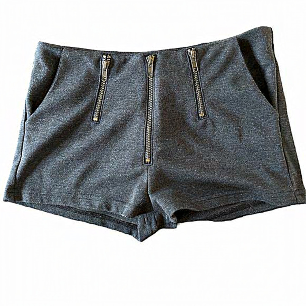 Annabelle Charcoal Gray Triple Zipper Front High Waisted Knit Shorts M